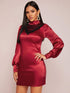 Lace Insert Puff Sleeve Satin Fitted Dress